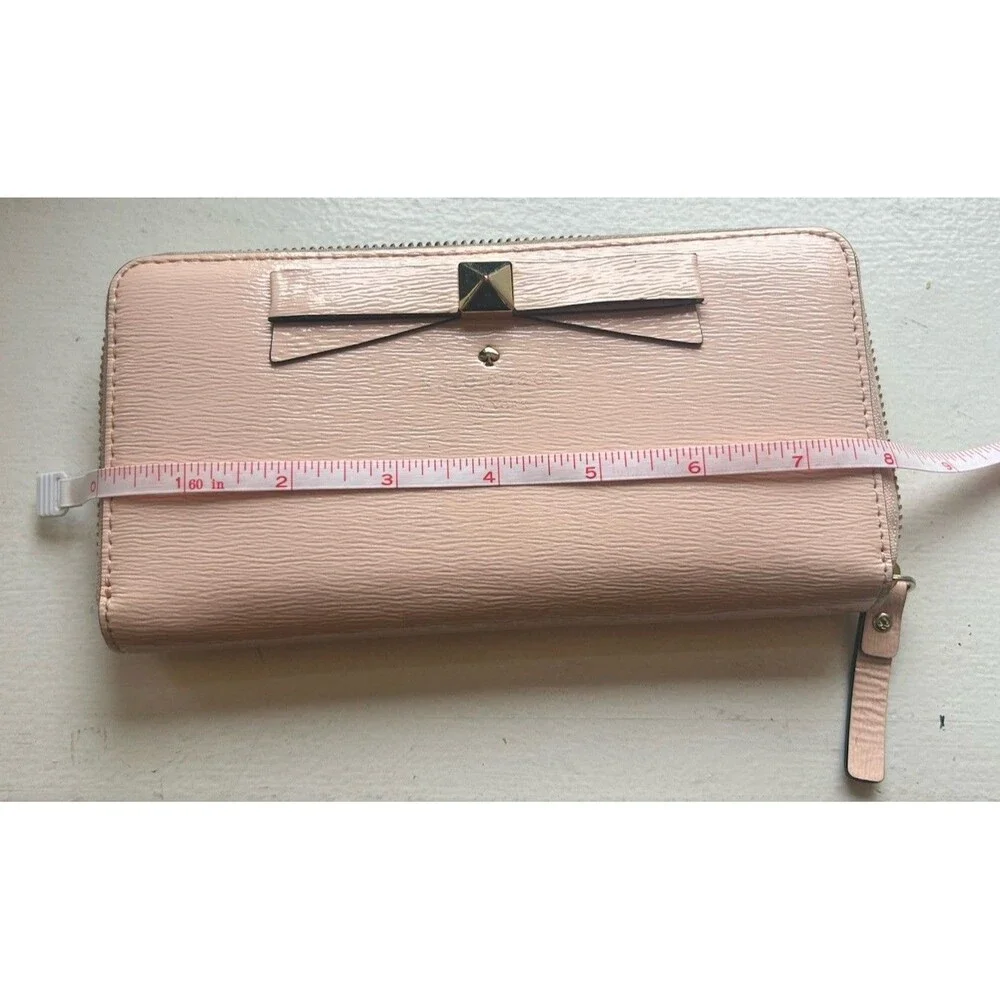 Kate Spade Bow Zip Around Wallet Blush Pink Hatched Leather Clutch Gold Tone